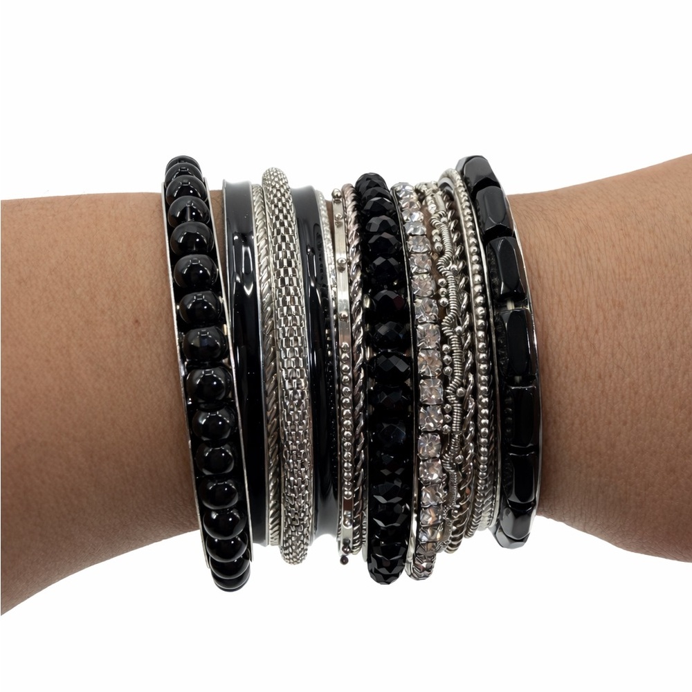 Black-Silver Multi-Layer Bracelet Stack Rhineston… - image 2